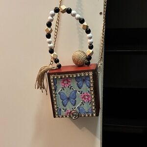 Butterfly Design Cigar Box Women's Purse with Beaded Handle